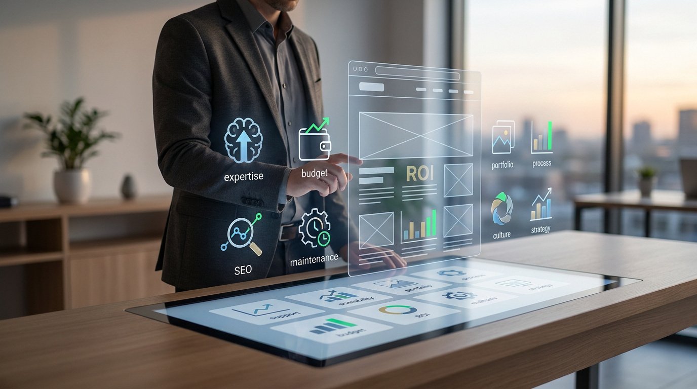 Un professionnel interagissant avec une interface numérique holographique présentant des indicateurs de performance web.