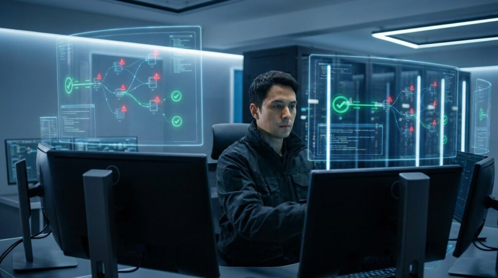 Un expert en cybersécurité analysant des flux de données numériques complexes dans une salle de serveurs moderne.