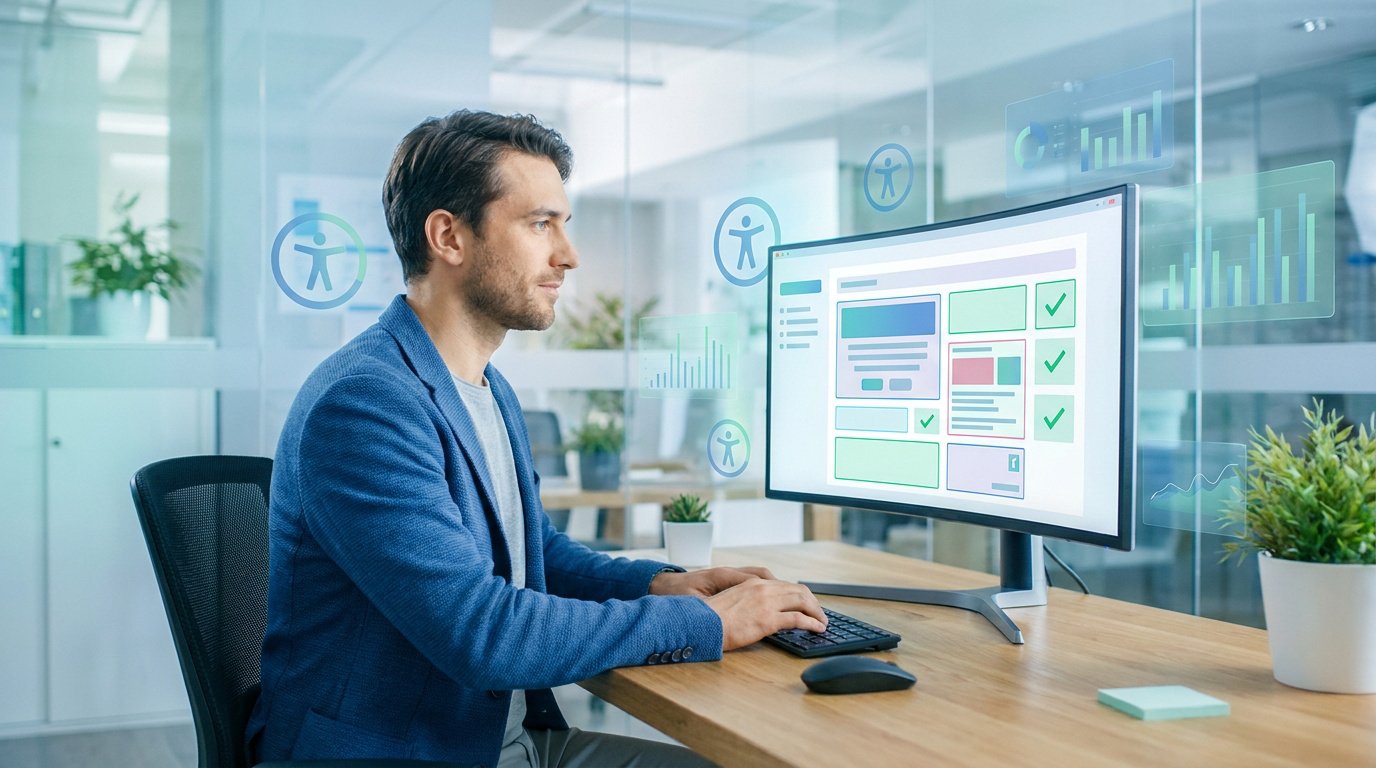 Un professionnel travaillant sur un ordinateur affichant une interface d'audit d'accessibilité numérique avec des icônes.