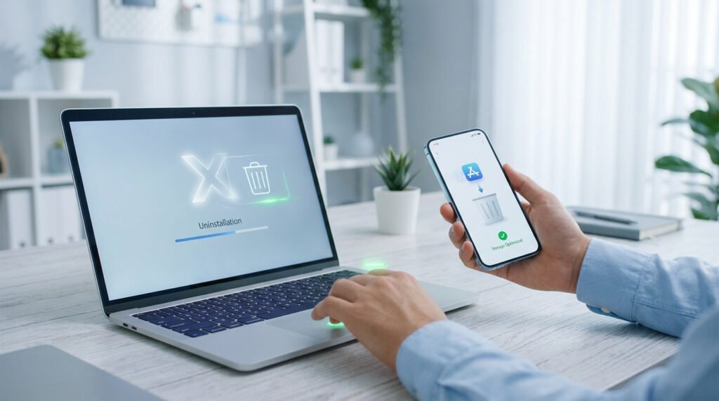 Une personne utilisant un ordinateur portable et un smartphone pour supprimer des applications.