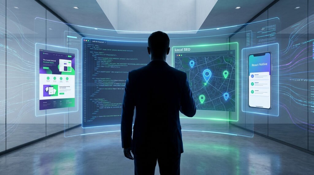 Un professionnel en costume face à des écrans holographiques affichant du code, une carte SEO et une interface mobile.