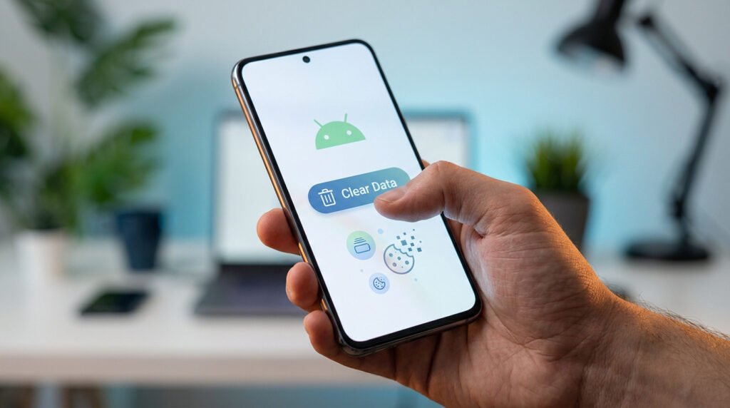 Main tenant un smartphone Android affichant un bouton virtuel pour effacer les données et les cookies.